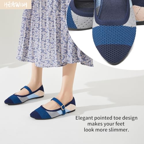 HEAWISH Women's Ballet Flat Shoes Mary Jane Pointed Toe Mesh Flats,Comfortable Slip on Ladies Shoe with Adjustable Strap,Casual Office Dress Flats for Work(Blue,US9) - Image 4