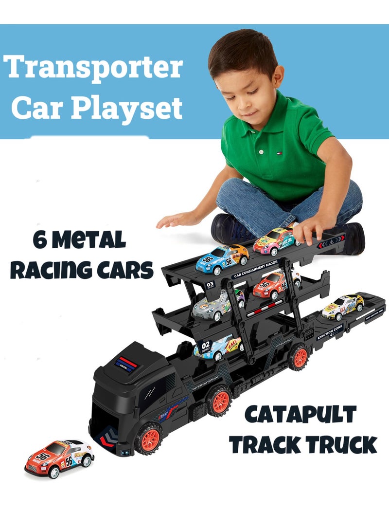 Transporter Car Playset, Catapult Track Truck with 6 Metal Racing Cars Foldable 4 Tier Storage Car Car Rack ，Expanded 45 cm Race Track for Kids Gifts for Ages 3 and Up, Birthday Gift (Black) - Image 1