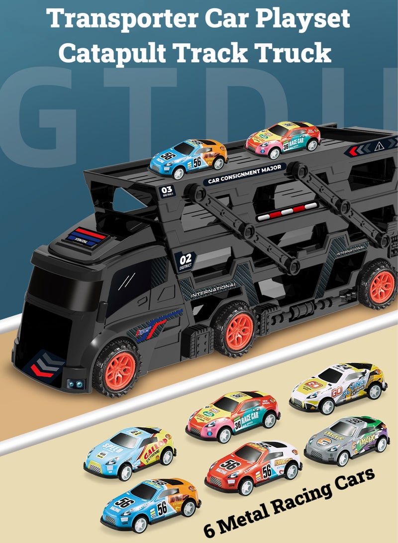 Transporter Car Playset, Catapult Track Truck with 6 Metal Racing Cars Foldable 4 Tier Storage Car Car Rack ，Expanded 45 cm Race Track for Kids Gifts for Ages 3 and Up, Birthday Gift (Black) - Image 3