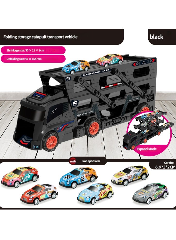 Transporter Car Playset, Catapult Track Truck with 6 Metal Racing Cars Foldable 4 Tier Storage Car Car Rack ，Expanded 45 cm Race Track for Kids Gifts for Ages 3 and Up, Birthday Gift (Black) - Image 2