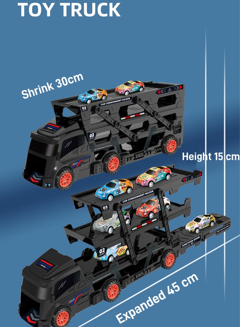 Transporter Car Playset, Catapult Track Truck with 6 Metal Racing Cars Foldable 4 Tier Storage Car Car Rack ，Expanded 45 cm Race Track for Kids Gifts for Ages 3 and Up, Birthday Gift (Black) - Image 5