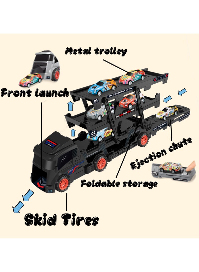 Transporter Car Playset, Catapult Track Truck with 6 Metal Racing Cars Foldable 4 Tier Storage Car Car Rack ，Expanded 45 cm Race Track for Kids Gifts for Ages 3 and Up, Birthday Gift (Black) - Image 4