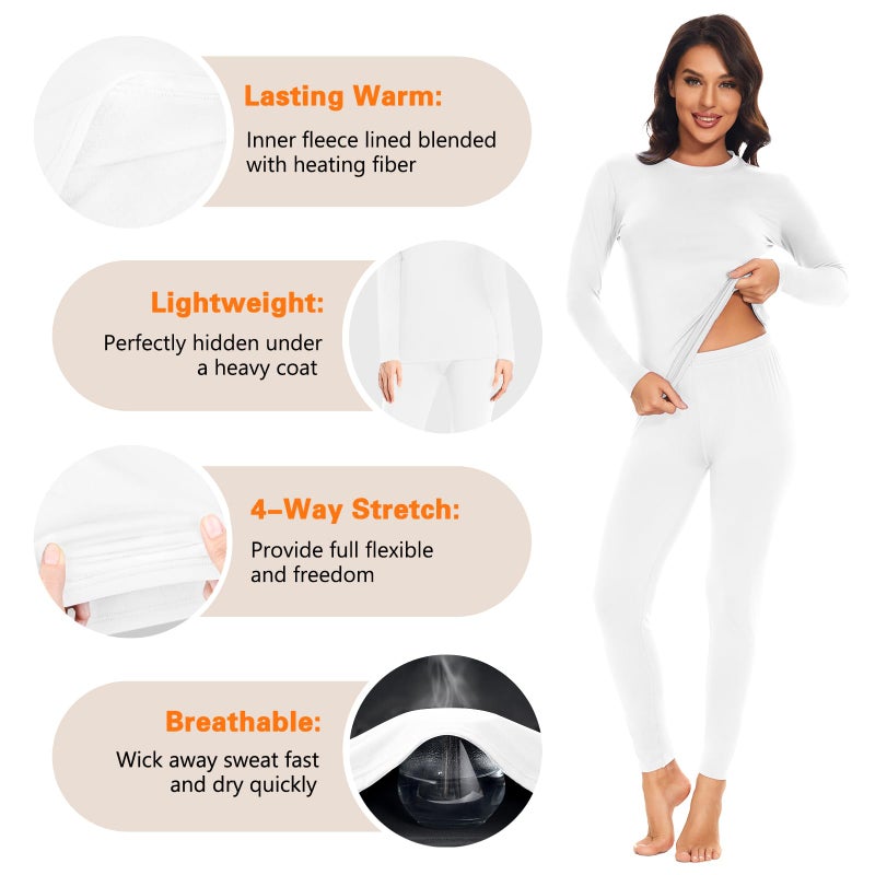 SIMIYA Thermal Underwear Set for Women Long Johns with Fleece Lined Long Sleeves Base Layer Set Top Bottom White - Image 3