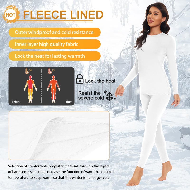 SIMIYA Thermal Underwear Set for Women Long Johns with Fleece Lined Long Sleeves Base Layer Set Top Bottom White - Image 4