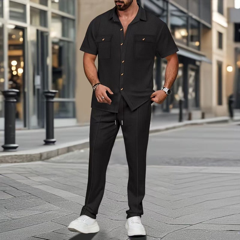 2025 Cross-border Mens European and American Independent Station Summer New Solid Color Button Pocket Shirt Short-sleeved Pants Two-piece Set Khaki - Image 3