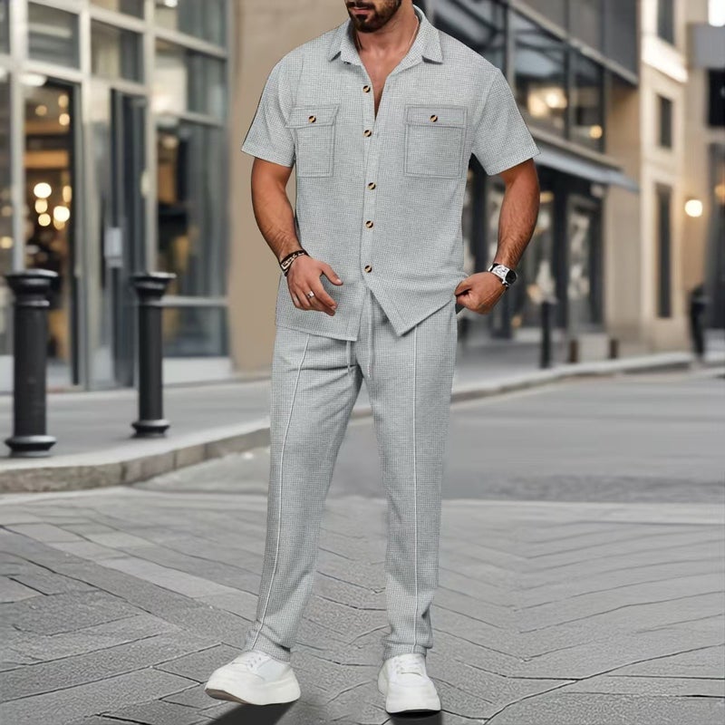 2025 Cross-border Mens European and American Independent Station Summer New Solid Color Button Pocket Shirt Short-sleeved Pants Two-piece Set Khaki - Image 4