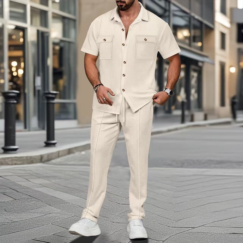 2025 Cross-border Mens European and American Independent Station Summer New Solid Color Button Pocket Shirt Short-sleeved Pants Two-piece Set Khaki - Image 1