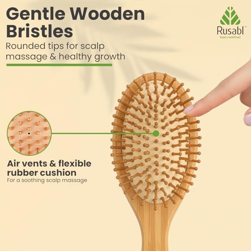 Rusabl Bamboo Hair Brush with Wooden Bristles for Gentle Detangling, Scalp Massage, Smooth Styling, 100% Natural, Anti-Static Paddle Brush for All Hair Types, Organic Hair Growth Brush for All, Oval - Image 3