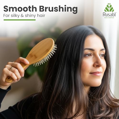 Rusabl Bamboo Hair Brush with Wooden Bristles for Gentle Detangling, Scalp Massage, Smooth Styling, 100% Natural, Anti-Static Paddle Brush for All Hair Types, Organic Hair Growth Brush for All, Oval - Image 4
