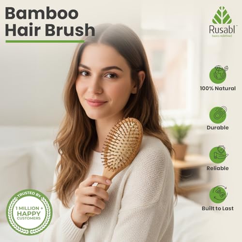 Rusabl Bamboo Hair Brush with Wooden Bristles for Gentle Detangling, Scalp Massage, Smooth Styling, 100% Natural, Anti-Static Paddle Brush for All Hair Types, Organic Hair Growth Brush for All, Oval - Image 2