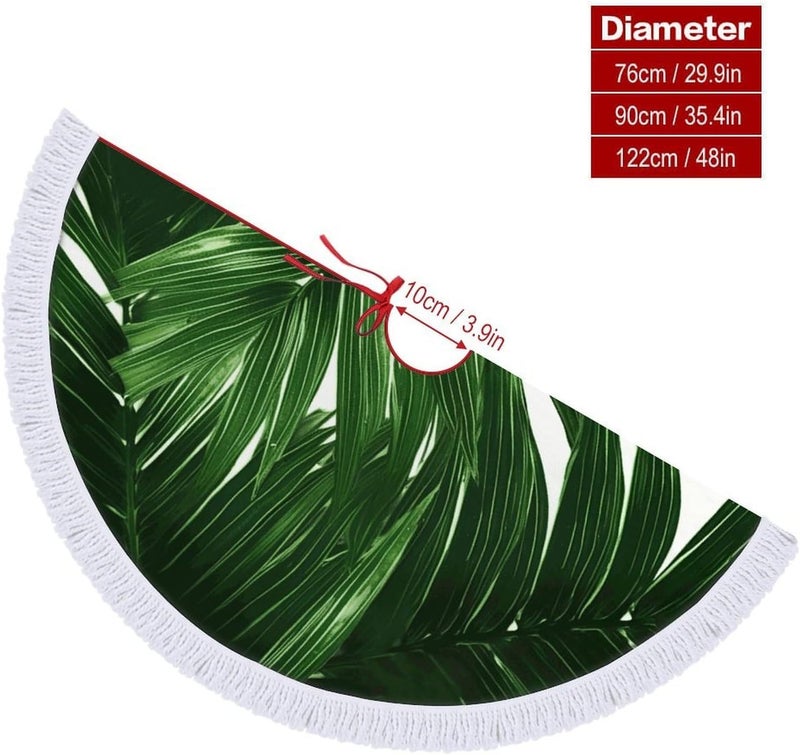 Green Palm Leaves Christmas Tree Skirt Classic Round Xmas Tree Skirt Protects Floors Christmas Tree Mat with Tassels for Winter Holiday Party Indoor Decor - Image 2