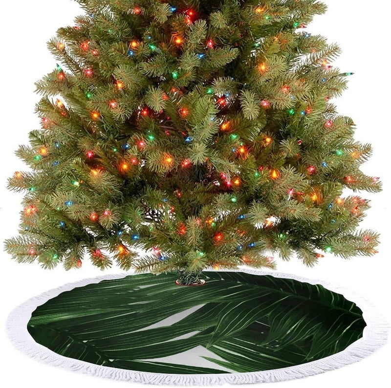 Green Palm Leaves Christmas Tree Skirt Classic Round Xmas Tree Skirt Protects Floors Christmas Tree Mat with Tassels for Winter Holiday Party Indoor Decor - Image 4
