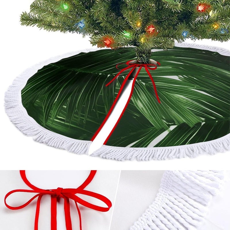 Green Palm Leaves Christmas Tree Skirt Classic Round Xmas Tree Skirt Protects Floors Christmas Tree Mat with Tassels for Winter Holiday Party Indoor Decor - Image 3