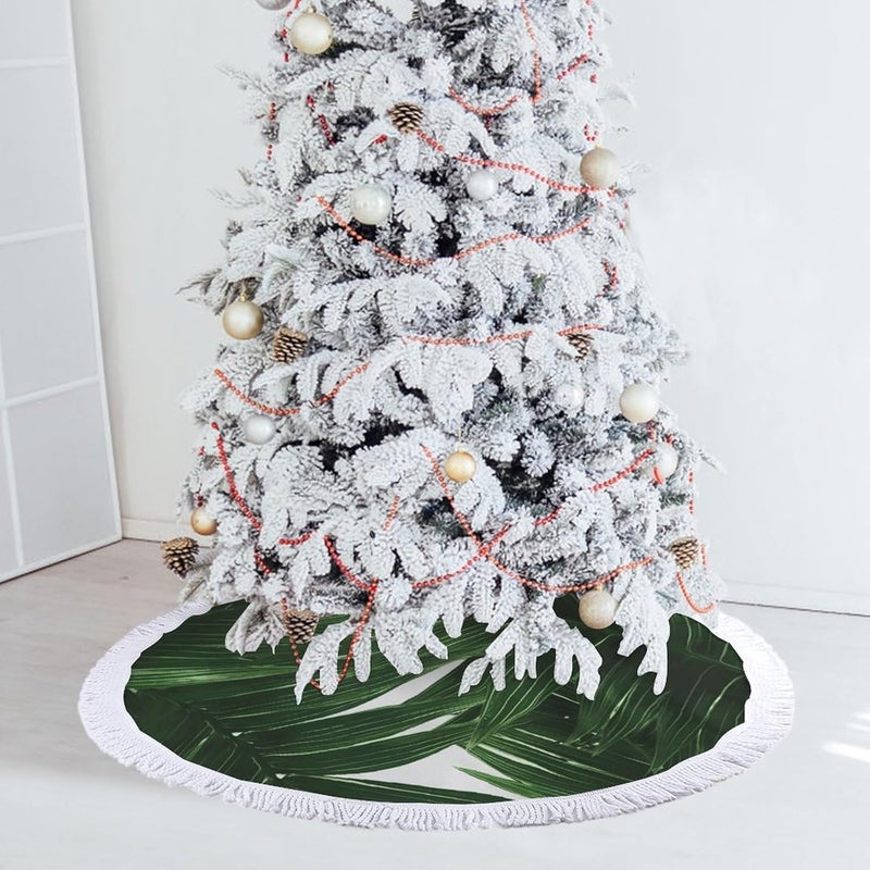 Green Palm Leaves Christmas Tree Skirt Classic Round Xmas Tree Skirt Protects Floors Christmas Tree Mat with Tassels for Winter Holiday Party Indoor Decor - Image 5