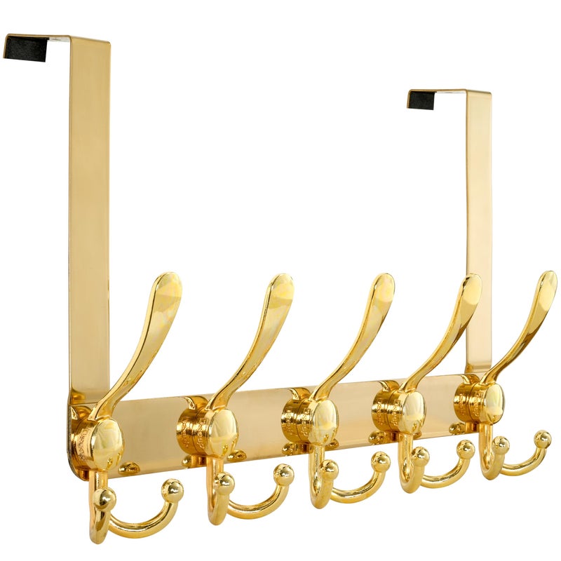 Dseap Over Door Hook 2.0 - Upgraded Version - Simple-Assembly, Strong, Heavy-Duty Stainless Steel 5-Tri-Hook Over The Door Hanger Rack, SimpleStrong Series, Gold - Image 1