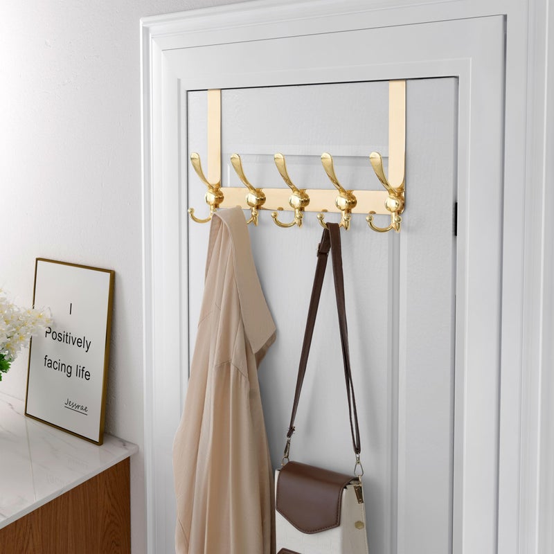 Dseap Over Door Hook 2.0 - Upgraded Version - Simple-Assembly, Strong, Heavy-Duty Stainless Steel 5-Tri-Hook Over The Door Hanger Rack, SimpleStrong Series, Gold - Image 2