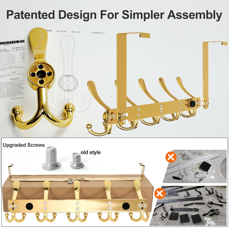 Dseap Over Door Hook 2.0 - Upgraded Version - Simple-Assembly, Strong, Heavy-Duty Stainless Steel 5-Tri-Hook Over The Door Hanger Rack, SimpleStrong Series, Gold - Image 4