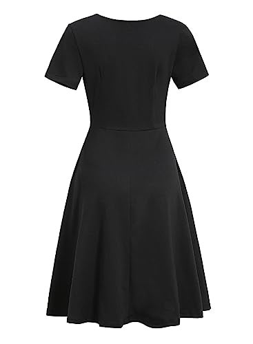 HELYO Women's Elegant Criss-Cross V Neck Vintage Short Sleeve Work Casual Party Swing Tea Dress with Pockets 980 (S, Black) - Image 4
