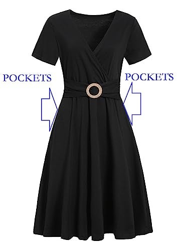 HELYO Women's Elegant Criss-Cross V Neck Vintage Short Sleeve Work Casual Party Swing Tea Dress with Pockets 980 (S, Black) - Image 5