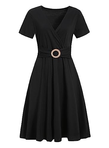 HELYO Women's Elegant Criss-Cross V Neck Vintage Short Sleeve Work Casual Party Swing Tea Dress with Pockets 980 (S, Black) - Image 3