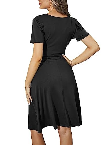 HELYO Women's Elegant Criss-Cross V Neck Vintage Short Sleeve Work Casual Party Swing Tea Dress with Pockets 980 (S, Black) - Image 2