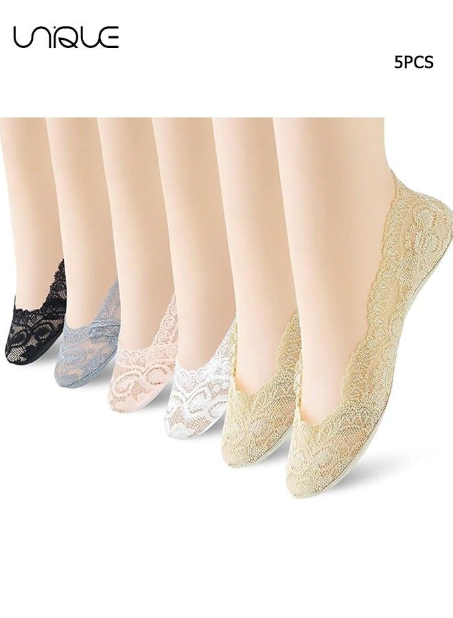 Unique Womens Anti-Slip Socks - 5 Pairs No Show Socks Lace Women No Show Liner Socks Womens No Socks Thin Low Cut Casual Socks Non Slip - for Dancing, Walking - Image 1