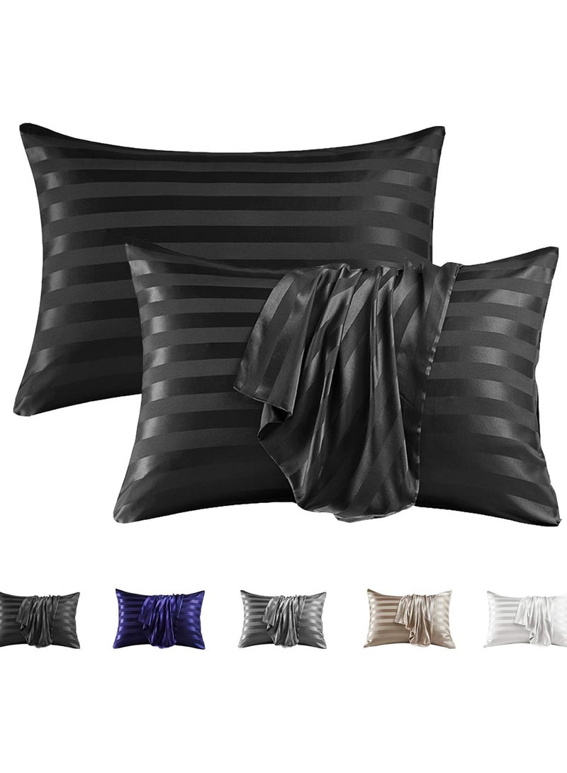توتى طقم أكياس مخدة من الساتان توتي طقم من 2، كيس مخدة حريري (75 × 50، مخطط) - Image 1