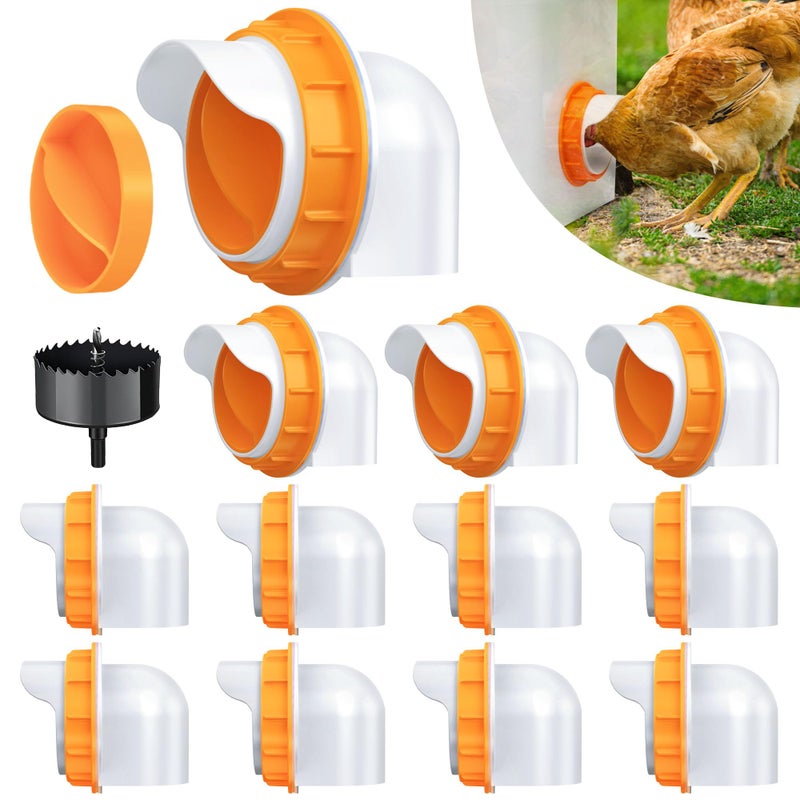 DSTANA Chicken Feeder Port, 12 Pack Chicken Feeders No Waste with 12 Lids 1 Drill Bit, DIY Automatic Poultry Feeder Cups Kit, Chicken Bucket Feeder for Barrels ((Orange) - Image 1
