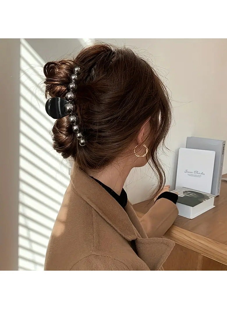 Goolsky 2pcs Elegant Black Pearl Hair Clips for Women - Vintage-Inspired Large Shark Clamp Set, Chic Faux Pearl Hair Accessories for Stylish Updos - Image 2