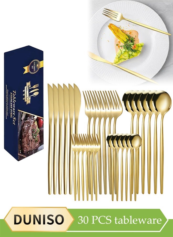 DUNISO طقم أدوات مائدة من الفولاذ المقاوم للصدأ 30 قطعة، طقم أدوات مطبخ على الطراز الغربي، طقم أدوات مائدة مصقول بلمعان، مع سكين، شوكة، ملعقة، مناسب لتناول الطعام العائلي، المطبخ، التجمعات، ذهبي - Image 1