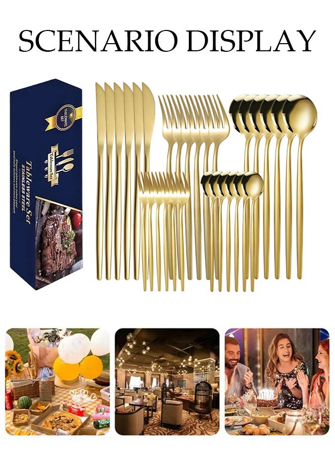 DUNISO طقم أدوات مائدة من الفولاذ المقاوم للصدأ 30 قطعة، طقم أدوات مطبخ على الطراز الغربي، طقم أدوات مائدة مصقول بلمعان، مع سكين، شوكة، ملعقة، مناسب لتناول الطعام العائلي، المطبخ، التجمعات، ذهبي - Image 5