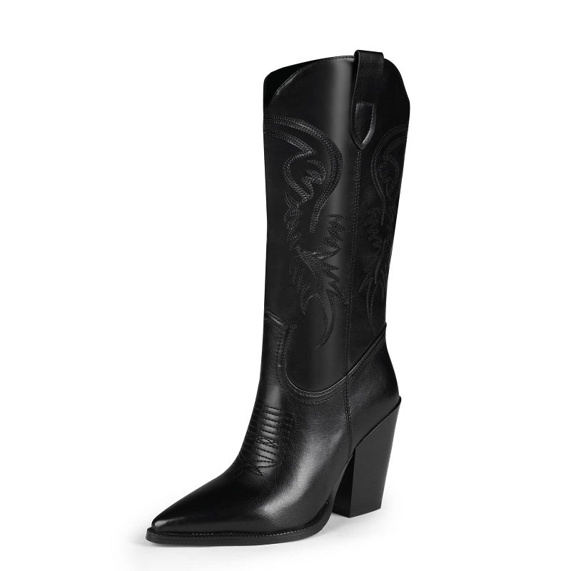 ISNOM Cowgirl Boots for Women - Black, Tall, Knee-High - Wide Calf, High Heel - Image 1