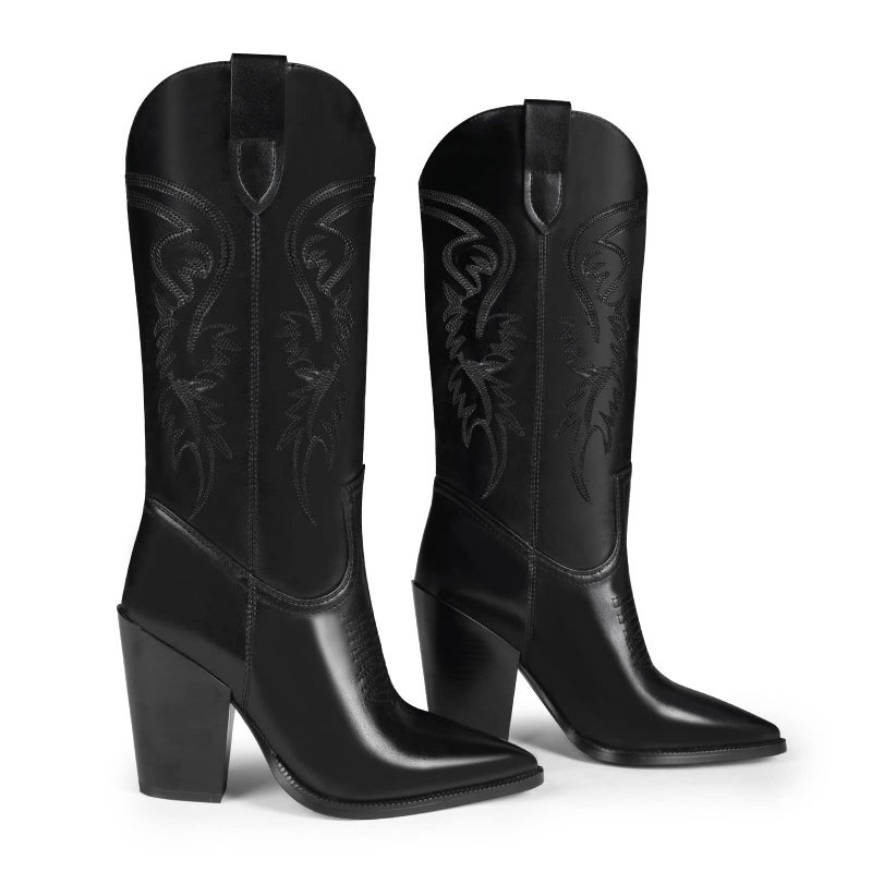 ISNOM Cowgirl Boots for Women - Black, Tall, Knee-High - Wide Calf, High Heel - Image 4