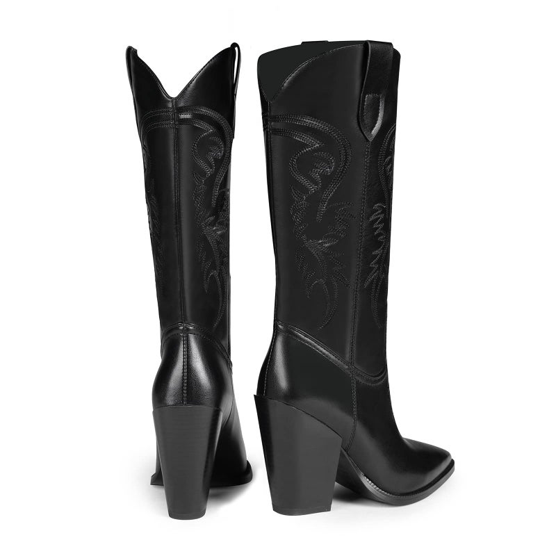 ISNOM Cowgirl Boots for Women - Black, Tall, Knee-High - Wide Calf, High Heel - Image 5