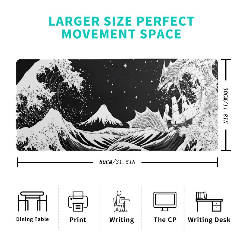 Siski Black and White Japanese Wave Dragon Gaming Mouse Pad - Abstract Mat with Non-Slip Rubber Base, 31.5x11.8 Inch, Stitched Edges - Desk Pad for Office and Home - Image 2