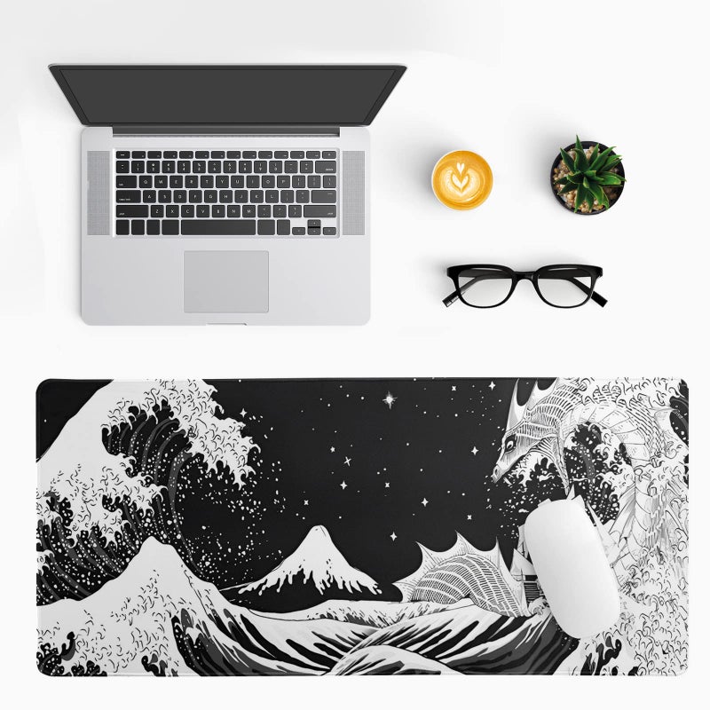 Siski Black and White Japanese Wave Dragon Gaming Mouse Pad - Abstract Mat with Non-Slip Rubber Base, 31.5x11.8 Inch, Stitched Edges - Desk Pad for Office and Home - Image 3
