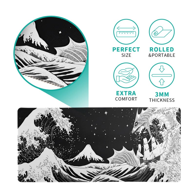 Siski Black and White Japanese Wave Dragon Gaming Mouse Pad - Abstract Mat with Non-Slip Rubber Base, 31.5x11.8 Inch, Stitched Edges - Desk Pad for Office and Home - Image 5