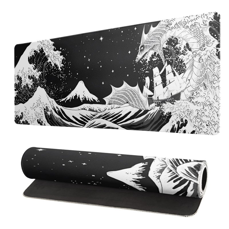 Siski Black and White Japanese Wave Dragon Gaming Mouse Pad - Abstract Mat with Non-Slip Rubber Base, 31.5x11.8 Inch, Stitched Edges - Desk Pad for Office and Home - Image 1