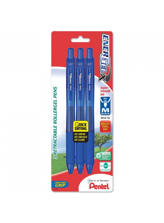 قلم جل سائل قابل للسحب من بنتل إنرجل-إكس، 0.7 مم، خط متوسط، طرف معدني، حبر أزرق، عبوة 3 قطع (BL107BP3C)