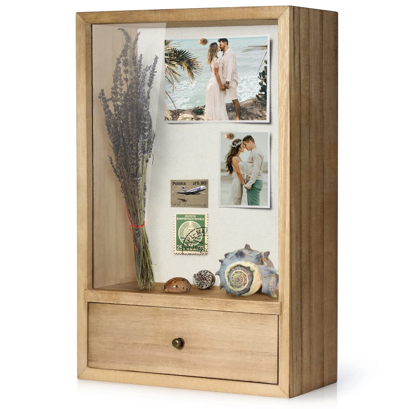 TJMOREE Deep Shadow Box Frame with Drawer Shadowbox Display Case with Glass Window Picture Frame Memorabilia Bouquet Medals Military Photos Memory Box for Keepsakes