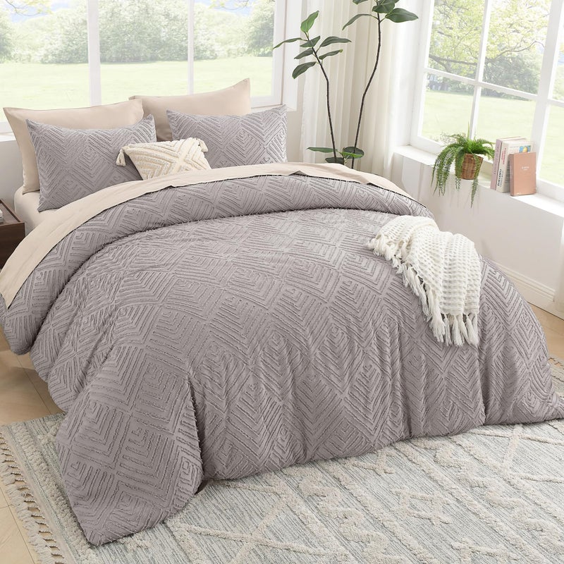 Litanika King Size Comforter Set Milk Grey  3 Pieces Cream Tufted Boho Farmhouse Bedding Comforter Sets  Lightweight Fluffy Comforter Bed Set For All Season (104X90In Comforter And 2 Pillowcases) - Image 2