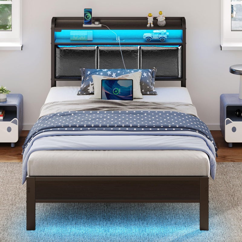 Rolanstar إطار سرير رولانستار بحجم توين مع محطة شحن وأضواء LED رأس سرير من جلد PU مع رفوف تخزين هيكل معدني ثقيل