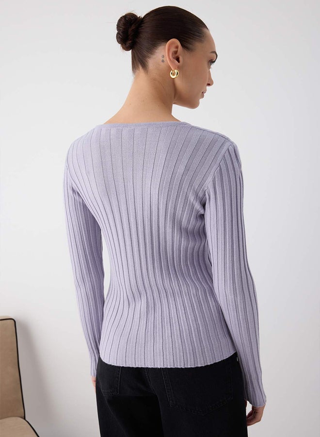 trendyol Wardrobe Essentials Lilac Mercerized Look Ribbed Knitwear Sweater | - Image 4