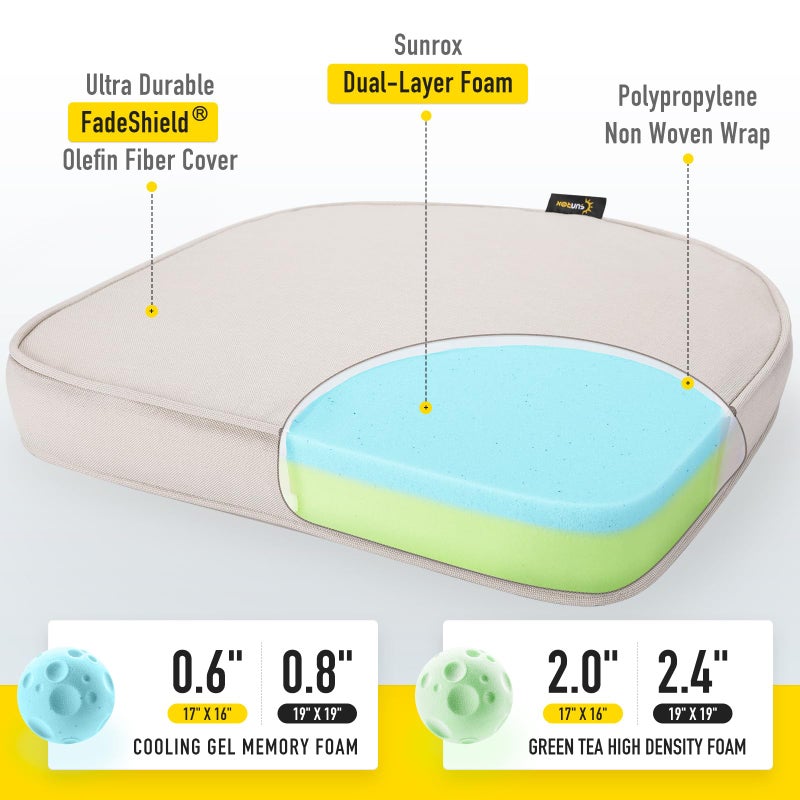 SUNROX Gel Memory Foam Chair Cushions, FadeShield Water-, Stain-Resistant Durable Reversible Seat Cushion Pads with Ties for Indoor/Outdoor Kitchen Dining Office 17"x16" Set of 6, Cream - Image 2