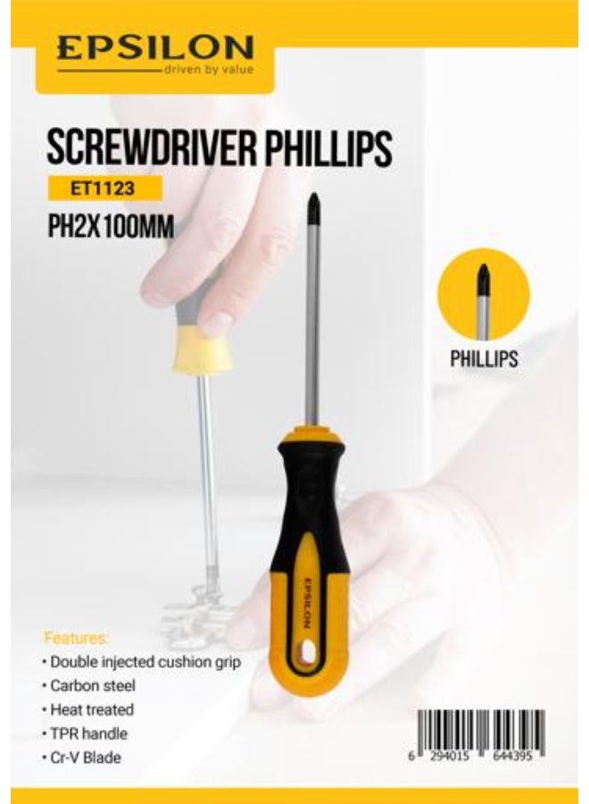 Epsilon Phillips Screwdriver ET1123 - PH2 x 100 mm Precision Screwdriver with Carbon Steel Blade, Double Injected Cushion Grip, Heat Treated, Ergonomic Handle for DIY, Home Repairs & Professional Maintenance - Black & Yellow - Image 5