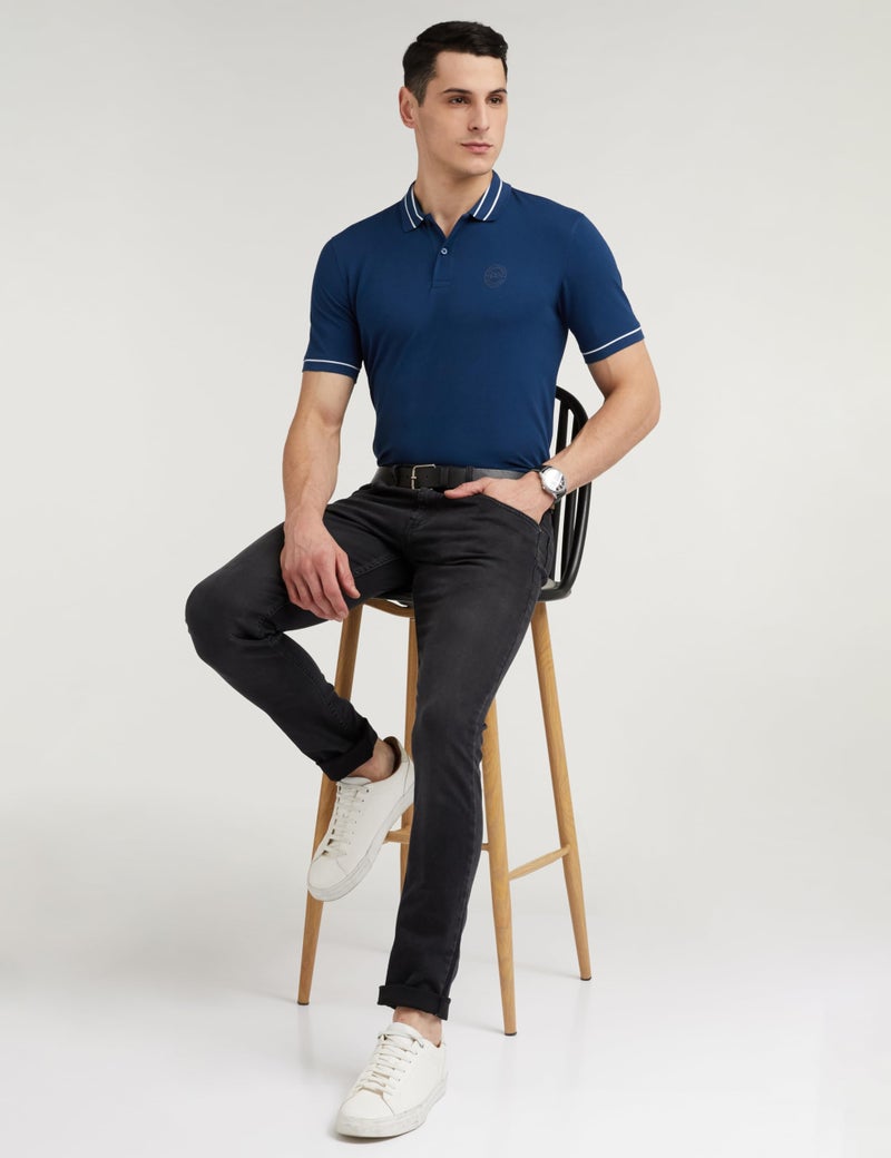 Peter England Men's Regular Fit Branded Insignia Half Sleeve Polo T-Shirt | Cotton Rich | Premium Pique Weave, 2XL, Blue - Image 2