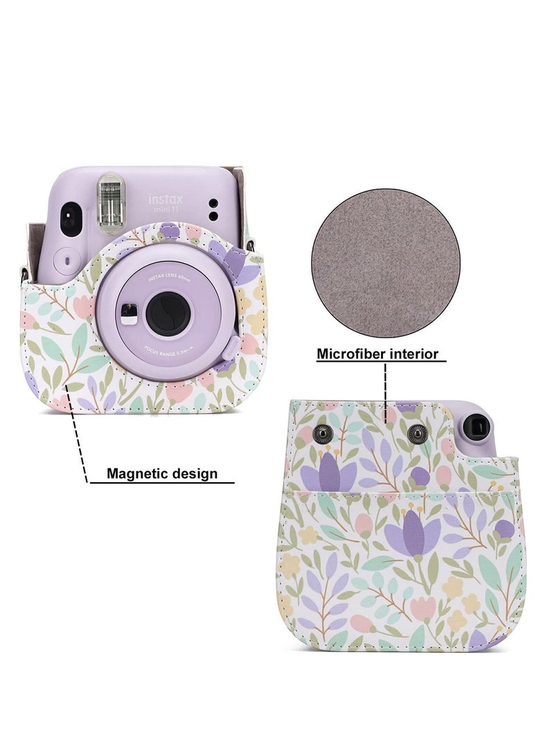 Y&D Camera Bag Compatible with Fujifilm Instax Mini 11 Instant Protective Vintage Floral Pu Leather Organizer Shoulder Strap Purple - Image 4