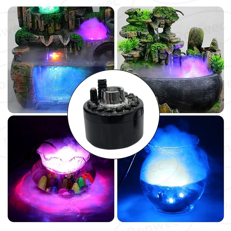 Venusaqua WY-2410 Mini Mist Maker Fog Machine – Waterproof Ultrasonic Fogger with 12 LED Lights, 300ml Tank – Ideal for Indoor Decor, Festivals, Fountains, Ponds & Smoke Effects (Black) - Image 1