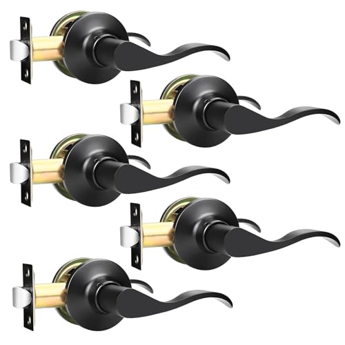 GOBEKOR 5 Pack Matte Black Passage Door Levers Interior Door Handles for Hallway and Closet Door Lock Keyless Wave Lever Door Handles - Image 1