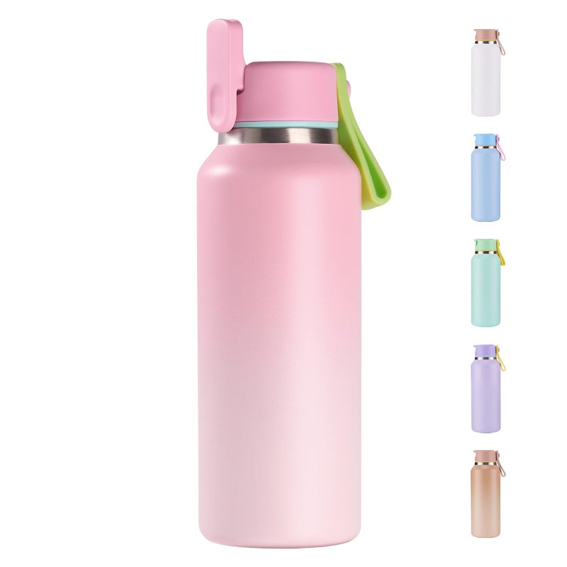 Fijinhom 12oz Toddler Cup, Insulated Kids Water Bottle for School Boys&Girls, 304 Stainless Steel Sport Water Bottle with Straws, BPA-Free, Gradient Pink - Image 1